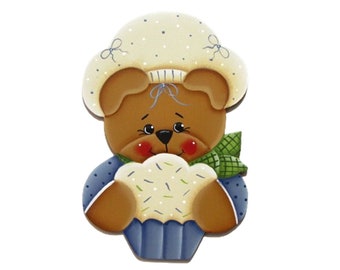 Cupcake Baker Bear Ornament, Tag, or Fridge Magnet, Handpainted Wood Refrigerator Magnet, Tole Decorative Painting