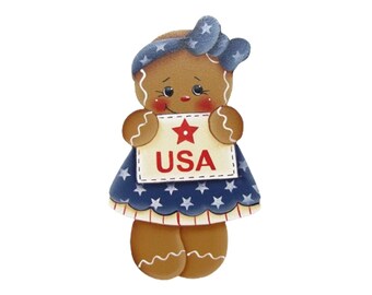 Patriotic Ginger Fridge Magnet, Tag, Ornament, Handpainted Wood, Hand Painted Gingerbread, Tole Decorative Painting