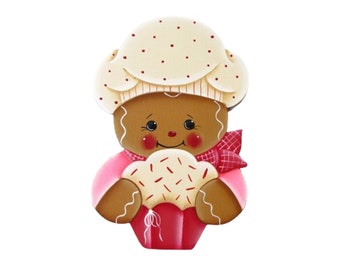 Cupcake Baker Ginger Ornament, Tag, or Fridge Magnet, Handpainted Wood Gingerbread Refrigerator Magnet, Tole Decorative Painting