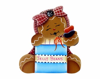 Jelly Bean Ginger Ornament, Fridge Magnet, Shelf Sitter, Tiered Tray Decor, Handpainted Wood Gingerbread Refrigerator Magnet, Tole Painting