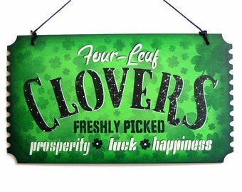 Four Leaf Clovers Sign, Handpainted Wood, Hand Painted St Patrick's Day Decor, Shamrock Wall Art, Tole Decorative Painting