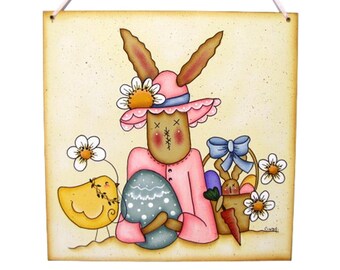 Prim Easter Bunny Wall Art,  Handpainted Wood Sign, Hand Painted Easter Home Decor, Tole Decorative Painting