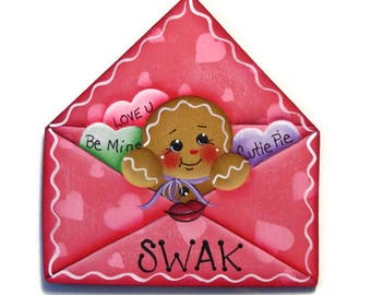 Ginger in Envelope Ornament or Fridge Magnet, Handpainted Wood Gingerbread Refrigerator Magnet, Hand Painted Ginger, Valentine's Day
