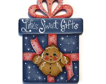 Ginger Inside Gift Box Ornament or Fridge Magnet, Handpainted Wood, Hand Painted Gingerbread Refrigerator Magnet, Tole Decorative Painting