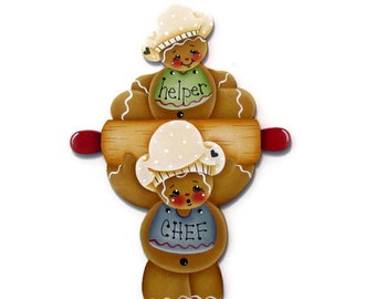 A Chef and His Helper Ginger Fridge Magnet or Ornament, Handpainted Wood, Hand Painted Gingerbread Ornament, Tole Decorative Painting