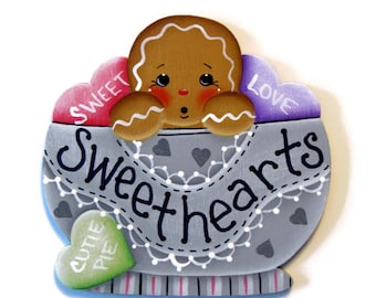Ginger in Bowl with Candy Hearts Ornament or Fridge Magnet, Handpainted Wood, Hand Painted Gingerbread Refrigerator Magnet, Valentine's Day