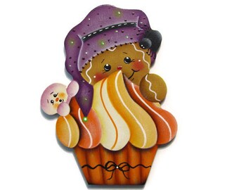 Halloween Cupcake and Ginger Fridge Magnet or Ornament, Handpainted Wood, Hand Painted Gingerbread Refrigerator Magnet, Tole Painting