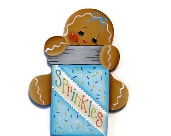 Ginger With Sprinkles Fridge Magnet or Ornament, Handpainted Wood Gingerbread Refrigerator Magnet, Hand Painted Ginger, Tole Painting