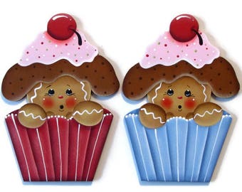 Ginger in Cupcake Fridge Magnet or Ornament, Handpainted Wood Refrigerator Magnet, Hand Painted Gingerbread Decor, Tole Decorative Painting