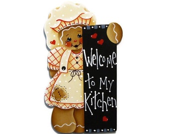 Welcome To My Kitchen Ginger Fridge Magnet or Ornament, Handpainted Wood, Hand Painted Gingerbread Ornament, Tole Decorative Painting