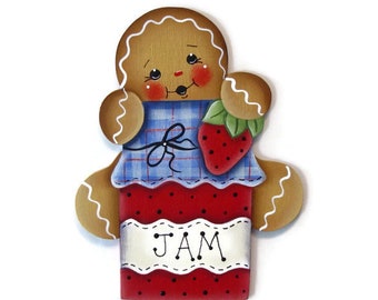 Ginger Loves Strawberry Jam Fridge Magnet or Ornament, Handpainted Wood Gingerbread Refrigerator Magnet, Hand Painted Ginger, Tole Painting