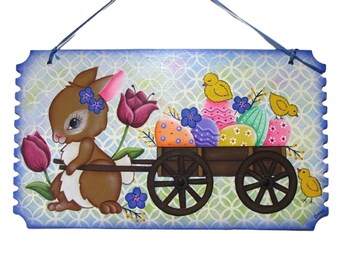 Conejo de Pascua pintado a mano con carro de huevos, decoración de pared de madera, pintura de Tole