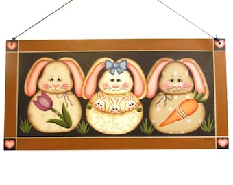 Stuffed Bunnies Wall Art,  Handpainted Wood, Hand Painted Home Decor, Wall Hanging, Tole Decorative Painting
