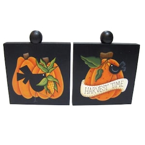 Pumpkin and Crow Block Shelf Sitter, Tiered Tray Decor,  Handpainted Wood, Hand Painted Fall Autumn Home Decor, Tole Decorative Painting