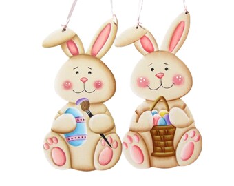 Bunny with Easter Basket or Egg Ornament or Tag, Handpainted Wood, Hand Painted Easter Bunny, Tole Decorative Painting