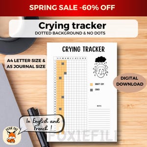 Pode incluir: Um rastreador de choro imprimível com uma ilustração em preto e branco de um rosto chorando. O rastreador é projetado para um período de 12 meses e inclui uma seção para notas. O texto "Crying Tracker" está no topo da página. O texto "Didn't Cry" e "Cried" estão abaixo da ilustração. O texto "Download digital" está no canto superior direito da página.