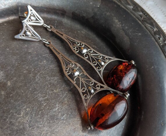 Filigree sterling silver and Baltic amber drop ea… - image 2