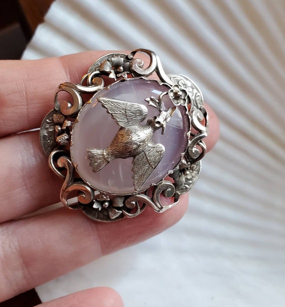 Antique silver and chalcedony dove with olive bra… - image 2