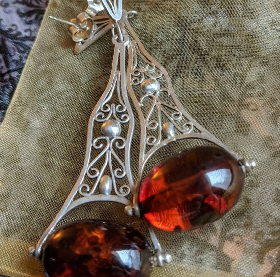 Filigree sterling silver and Baltic amber drop ea… - image 1