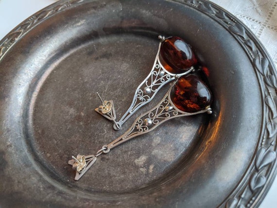 Filigree sterling silver and Baltic amber drop ea… - image 6