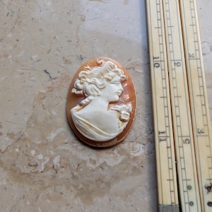 May include: Oval cameo pendant featuring a carved profile of a woman with curly hair and a floral detail. The cameo is set against a peach-colored background. A wooden folding ruler is next to the cameo.