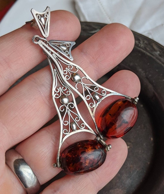 Filigree sterling silver and Baltic amber drop ea… - image 3