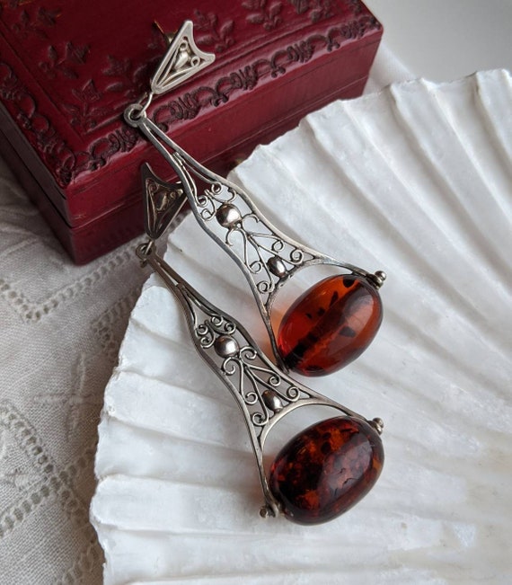 Filigree sterling silver and Baltic amber drop ea… - image 5