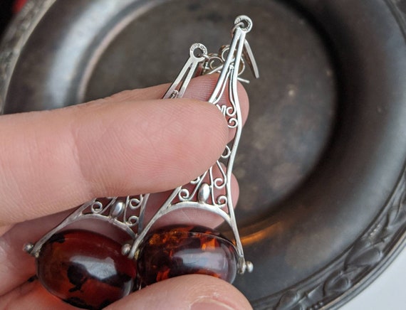 Filigree sterling silver and Baltic amber drop ea… - image 4