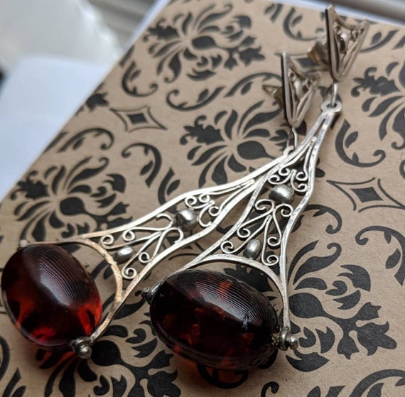 Filigree sterling silver and Baltic amber drop ea… - image 7