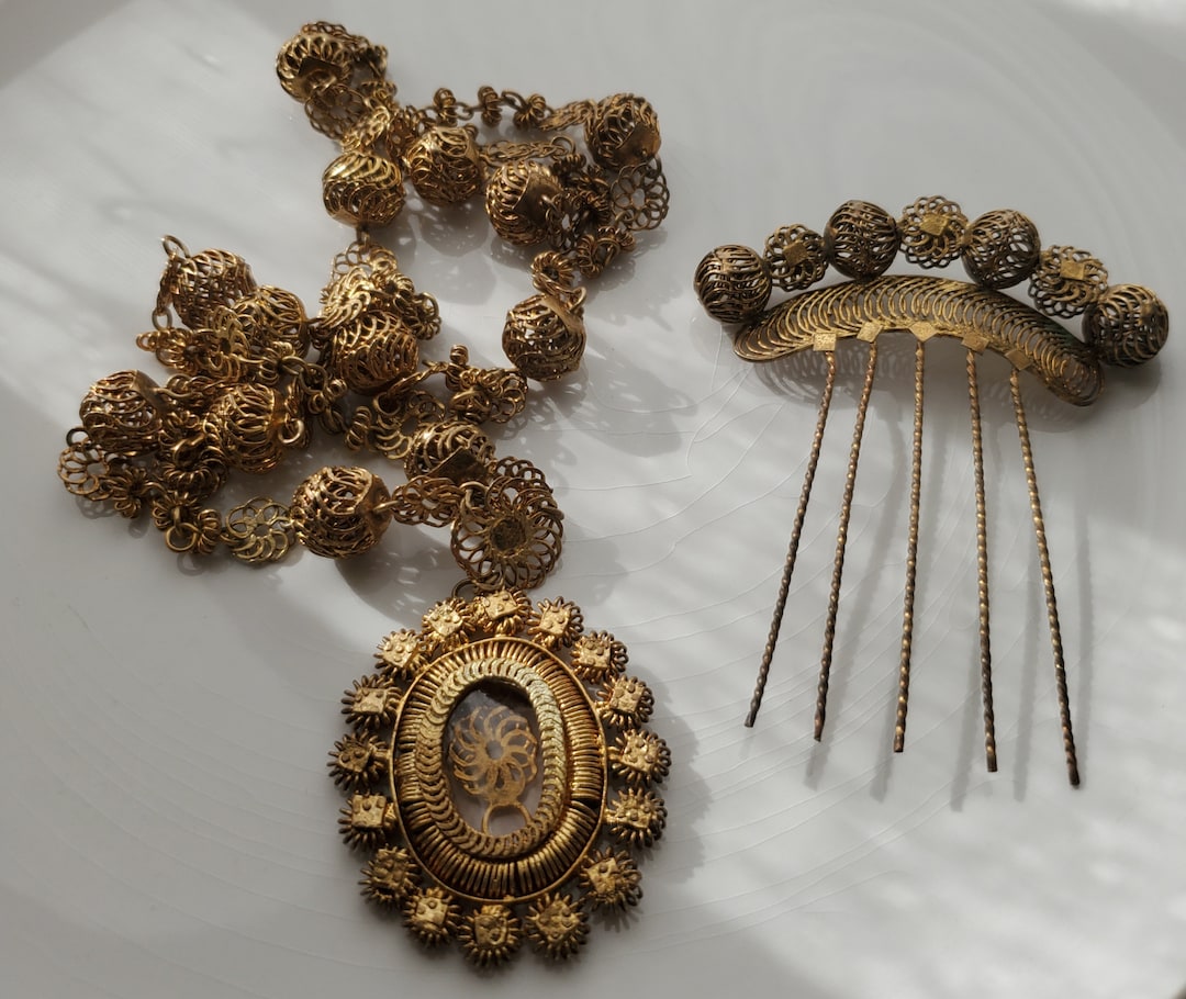 Antique Tambourine Filigree Necklace and Comb Gold Plated Etsy