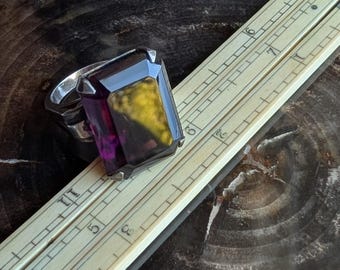 Sterling silver and amethyst purple paste emerald cut stone Retro Deco vintage statement ring