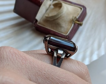 Sterling silver and amethyst purple paste emerald cut stone Retro Deco vintage statement ring