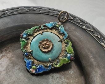 Silver metal large Asian pendant with enameled bats
