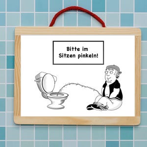Manifesto dei cartoni animati "Si prega di fare pipì seduti", decorazione divertente per il bagno per uomini, idea regalo per appartamento o bagno condiviso, stile cartone animato, umorismo sul WC