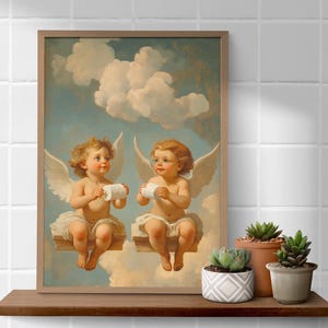 Angelo Putti con carta igienica, stampa poster A3, poster che fa la cacca, idea regalo, cherubino, stampa artistica in stile vintage, immagine divertente