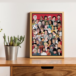 Berühmte Persönlichkeiten A3 Poster 48 berühmte Ikonen aus Kunst Wissenschaft Musik, Lustige Karikatur Illustration, Wand-Dekoration Druck