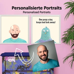 Personalisierte Lustige Portraits im Cartoon Stil mit Taube, Paar Geschenk, Freunde, Geburtstag, Humor, Comic, Illustration, Tier, Vogel