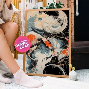 Póster de pez koi asiático con luna, descarga digital imprimible, impresión de arte zen abstracto, arte mural japonés elegante y con estilo, imagen ukiyo