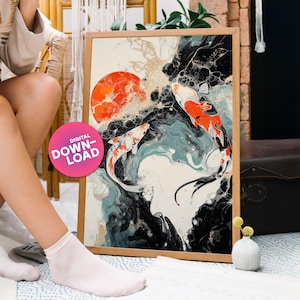 Póster de pez koi con luna, descarga digital imprimible, impresión de arte zen asiático abstracto, arte mural japonés elegante y con estilo, imagen ukiyo