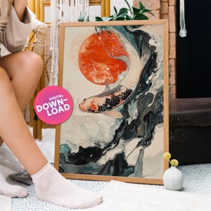 Póster de pez koi asiático con luna, descarga digital imprimible, impresión de arte zen abstracto, arte mural japonés elegante y con estilo, imagen ukiyo
