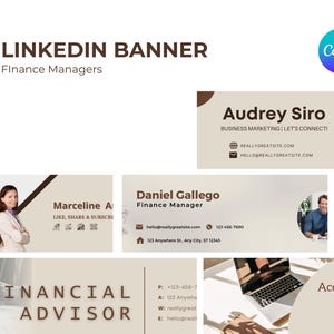 May include: A LinkedIn banner design for Finance Managers, featuring Canva branding. The design includes examples of professional profiles with names, titles, and contact information. The color palette is neutral with brown and beige tones.