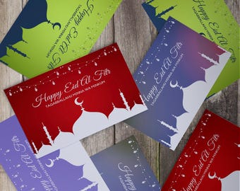 Elegant Eid Mubarak Card: Islamic Calligraphy, Festive Colors, Canva Template