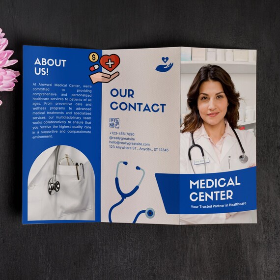 Blue and white medical center tri-fold brochure with about, contact, and healthcare service panels