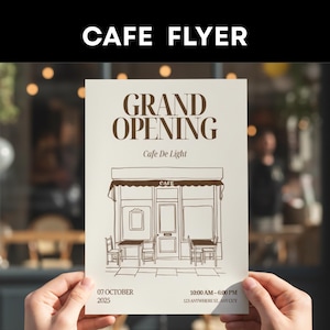 Puede incluir: Un folleto de café con el texto "CAFE FLYER" en la parte superior. El folleto anuncia una "GRAND OPENING" para "Cafe De Light" con un dibujo de un café. También se incluyen la fecha y la hora: 07 de octubre de 2025, de 10:00 a 18:00.