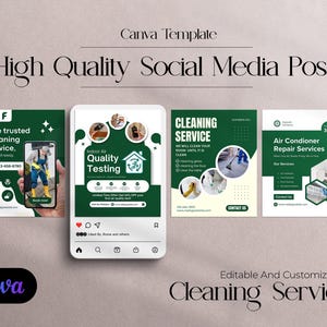 以下が含まれることがあります： 清掃サービス用のソーシャルメディア投稿テンプレート3つ。最初のテンプレートは、緑と白のデザインで、「室内空気質検査」というテキストが書かれています。2番目のテンプレートは、緑と白のデザインで、「清掃サービス」というテキストが書かれています。3番目のテンプレートは、緑と白のデザインで、「エアコン修理サービス」というテキストが書かれています。