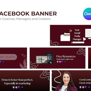 May include: A Facebook banner design for coaches, managers, and creators. The design features a dark red background with white graphic elements and text. The Canva logo is in the upper right corner. The banner includes text such as "Your Social Media Manager" and "Free Resources."