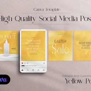 May include: A set of four yellow social media post templates with text overlays. The first template features a product image with the text "PRODUCT" and "shop now". The second template features the text "Dream big, work hard, stay focused and surround yourself with good people". The third template features the text "EASTER Sale". The fourth template features the text "BLOOM WHERE YOU ARE PLANTED."