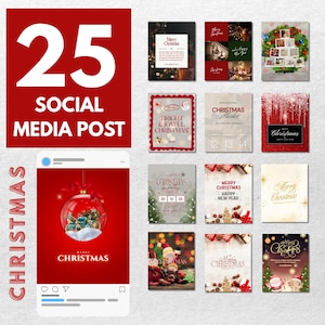 Puede incluir: Una colección de 25 publicaciones en redes sociales con temática navideña. La imagen presenta varios diseños, incluyendo gráficos festivos, superposiciones de texto y una maqueta de publicación en redes sociales con una ilustración de adorno navideño. La paleta de colores es predominantemente roja y blanca.
