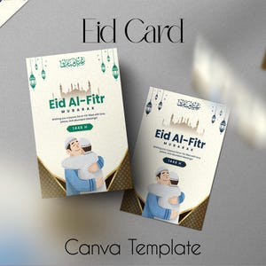 Cartão Eid Mubarak para crianças | Cartão de saudação islâmico fofo | Cartão Eid marrom e verde | Presente divertido Eid | Cartão para crianças muçulmanas | Cartões para impressão