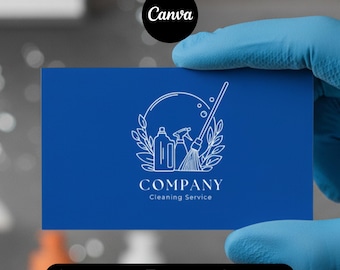 May include: A blue business card with a cleaning service logo. The logo features a bottle, spray bottle, and broom inside a laurel wreath. The card also includes the text "COMPANY Cleaning Service". The Canva logo is in the top left corner.